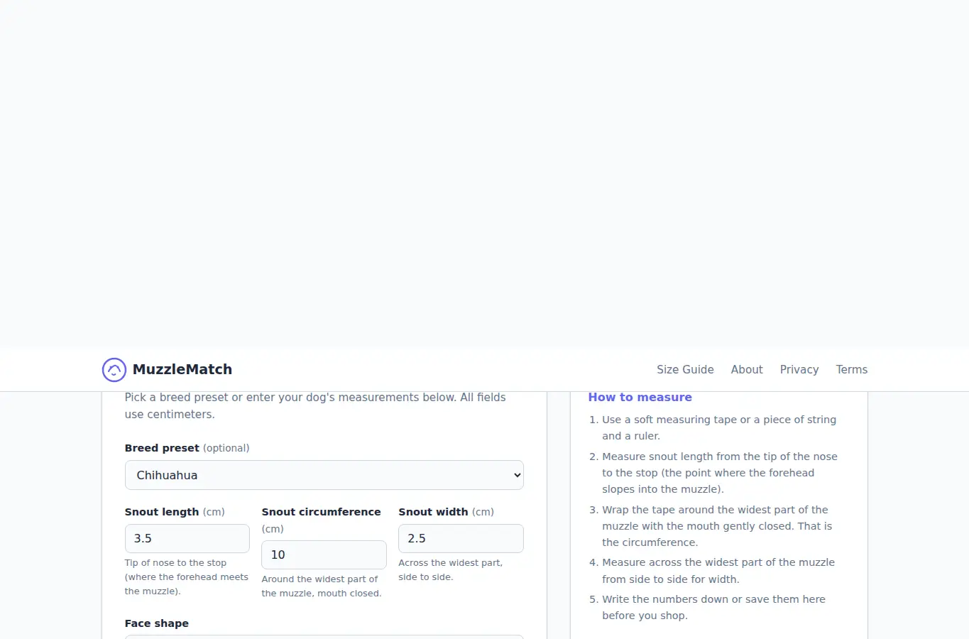 Screenshot of MuzzleMatch: Dog Muzzle Fit and Measurement Guide interface showing the project page in use
